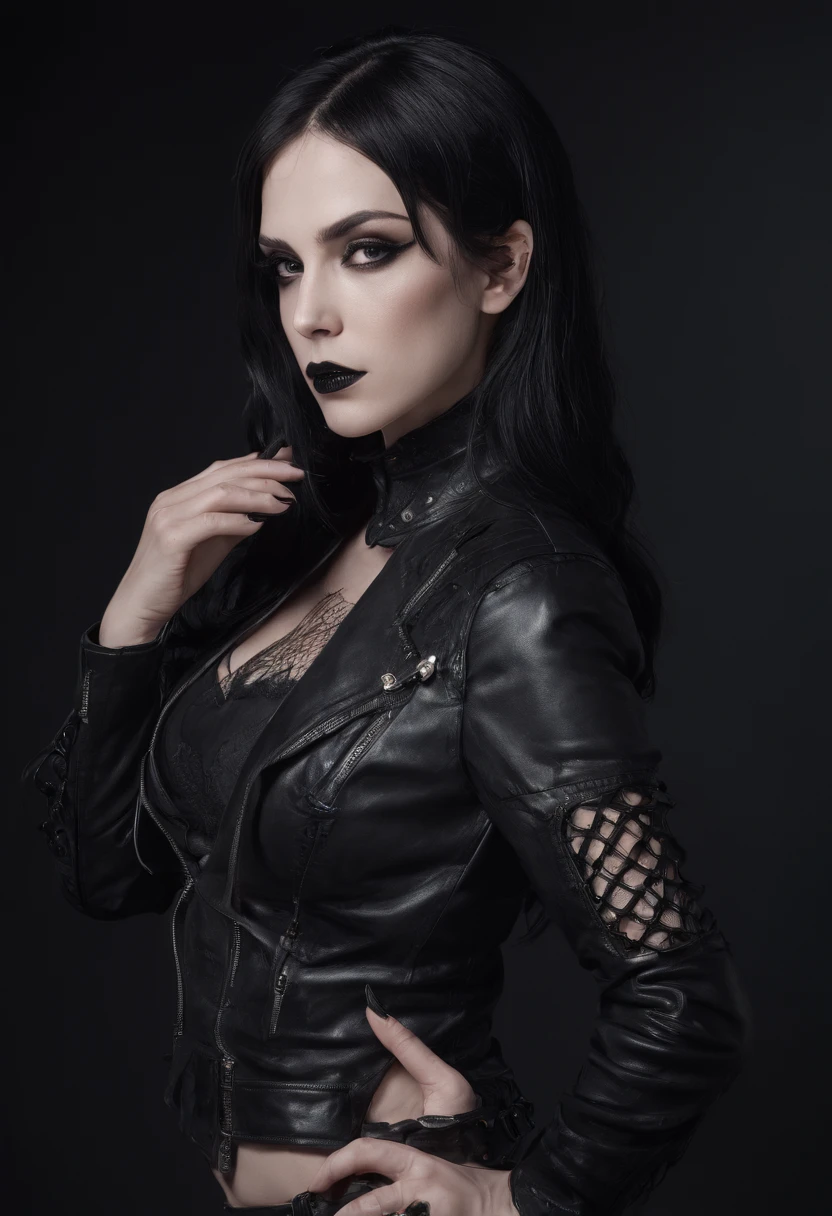 Half body shot of a goth woman in lingerie with leather jacket and fishnet stockings in a dark studio, black make-up, sensual pose, perfect body, ultra detailed, photorealistic, masterpiece.