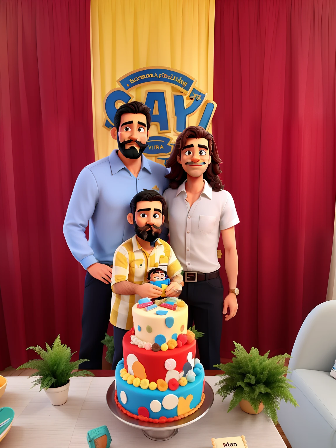 Homem alto, com barba e bigode bem feitos, a beautiful wife and are celebrating their son's sixth birthday. Um menino loiro