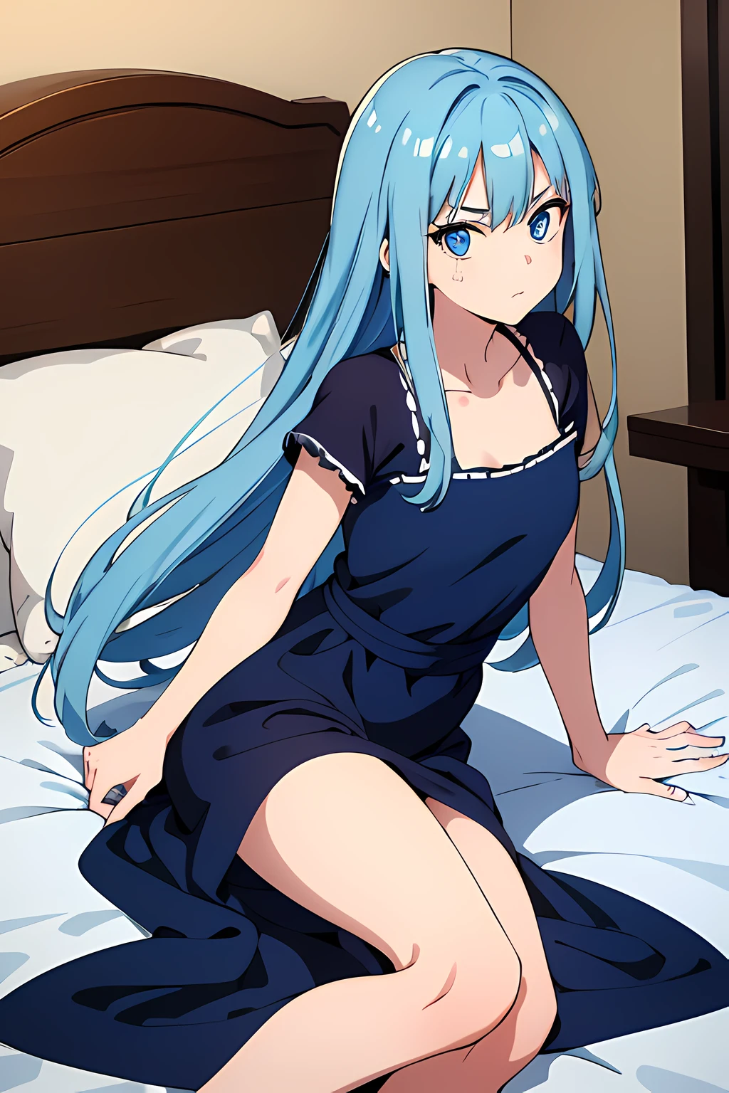 (Masterpiece, Photorealistic, high resolution), ((1girll):1.2), (Masterpiece, Photorealistic, high resolution), ((1girll):1.2), (perfect lighting), looking at viewer, a teenage girl, blue hair, long hair, blue eyes, straight hair, bangs,(Loose white shirt, Navy blue short pant, (medium of breast):1.2, thighs), on top of the bed, lie on the bed, Tight leather shorts, Pants are Wet, glossy hair, sweat on body, Cameltoe