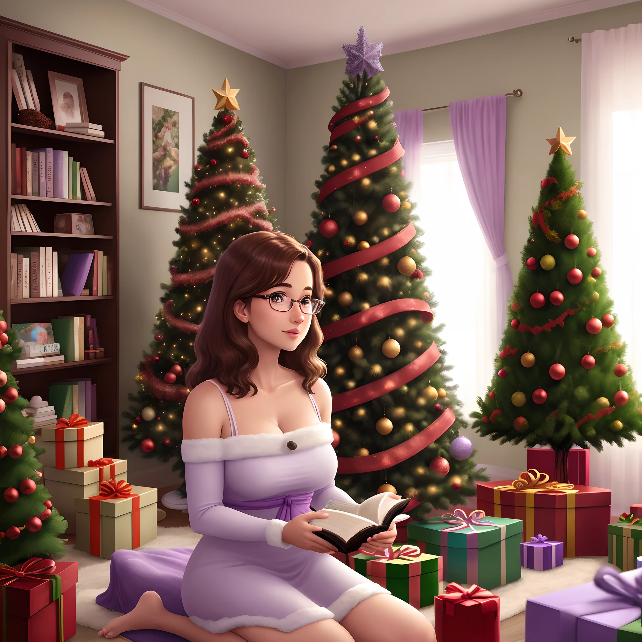 a Disney Pixar-style image or poster: mulher de pele clara, brown eyes wearing glasses, cabelo longo castanho liso, Reading Various Books. scenecy: Lilac Color Chart, na sala de estar, next to your bookshelf, Decorated house for Christmas celebration, With tree and gifts