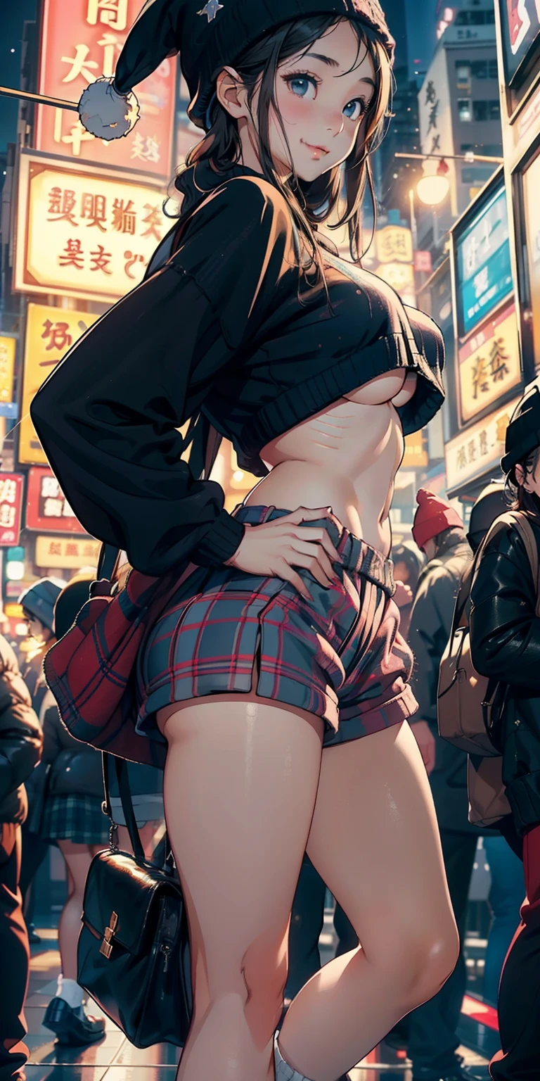realisticlying、11 year old girl、Close-up from the ground in high heels、Wearing a knitted hat that emphasizes the buttocks a little larger、Wear plaid shorts、Breasts enlarged、Versatile sexy poses、Face smile、Hong Kong on Christmas Night
