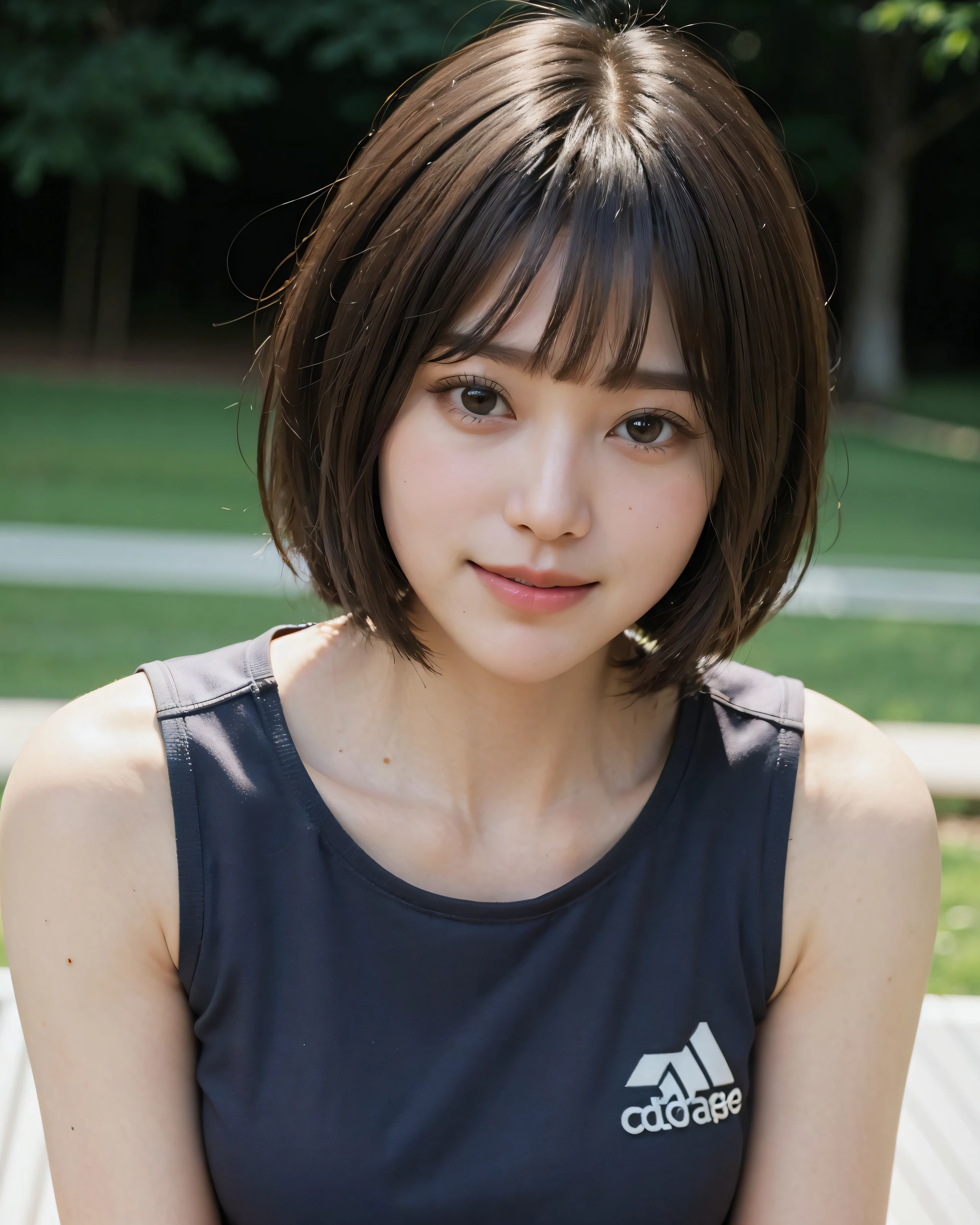 zydG, 1girl, detailed skin, looking at viewer, brown eyes, (short hair with bangs:1.2), (large breasts:1.0), (large areolae:0.8), smile, (face focus:1.4), close shot, 
(photorealistic:1.4), (best quality:1.0), (ultra highres:1.0), 8k, RAW photo, (masterpiece:0.2), (sportswear:1.5), portrait, 
(pureerosface_v1:0.5)