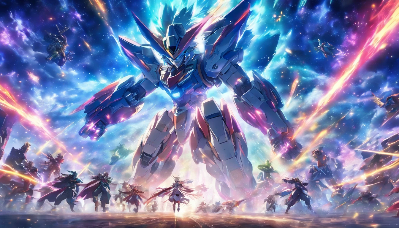 (High detail, vivd colour), (Best quality, 4K, A high resolution), Mechfighters from the future sprint under the stars, Leave a vibrant trail in the starry night scene Symbolism of Infinite Energy and Infinite Potential Energy movement and dynamic composition, Dreamy atmosphere, DazzlingEffects, and glowing streaks of light A dramatic contrast between intense emotions and frantic sprints, Dark skies, and vivid light trajectories in movies, Epic shots