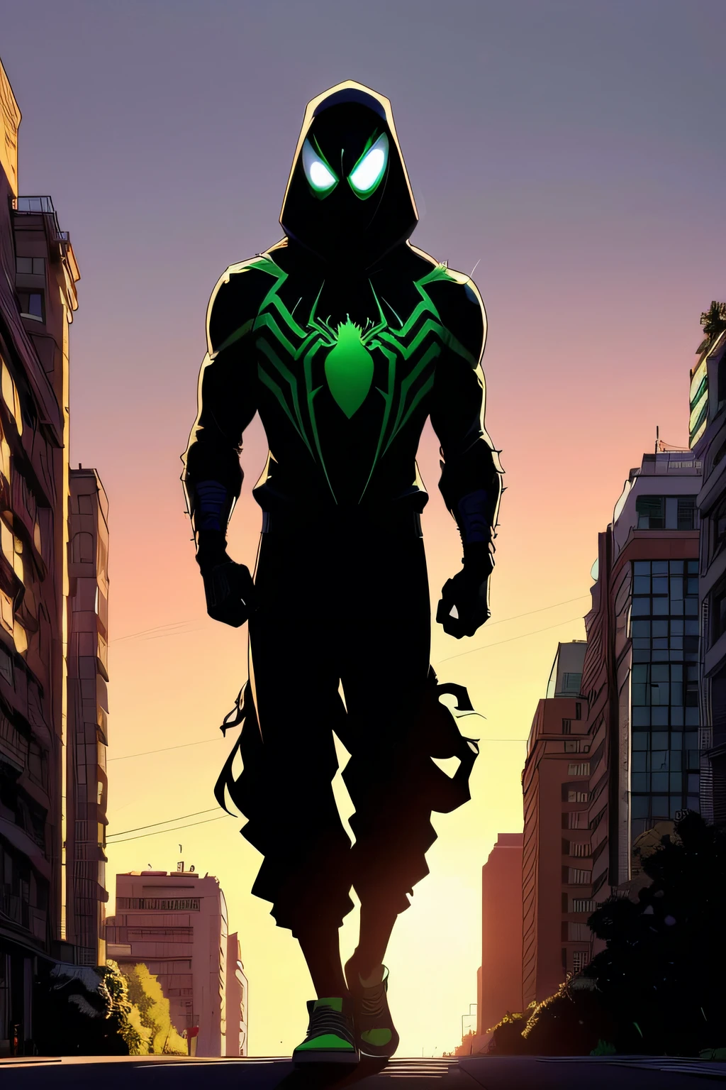 (melhor qualidade,Altas,ultra-detalhado,Realistic), Vincent vestindo seu traje de Homem-Aranha, The suit is dark with green accents, tem um capuz, And inside the hood it's green with webs, He's in a building, Olhando para a cidade, (cores vibrantes,foco nítido), Cityscape, ambiente urbano, tall skyscrapers, ruas movimentadas, (dynamic lighting,dramatic light and shadow), luz solar projetando sombras longas, (fotografia,artistas conceituais) Estilo.