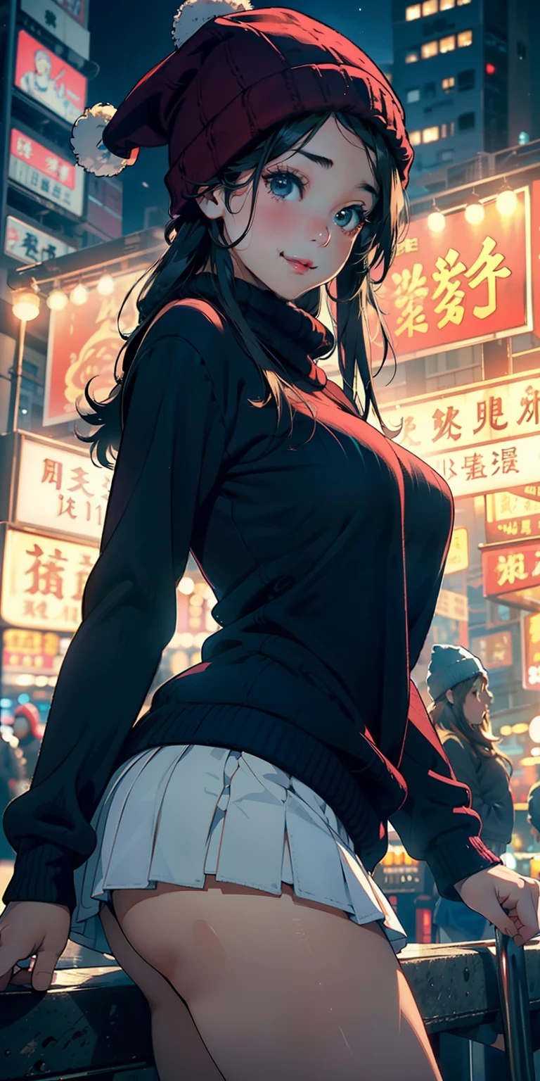 realisticlying、 girl、Super close-up from the ground、Thigh emphasis、Wearing a knitted hat that emphasizes the buttocks、Wearing a ruffled miniskirt、Breasts enlarged、Versatile sexy poses、Face smile、Hong Kong on Christmas Night