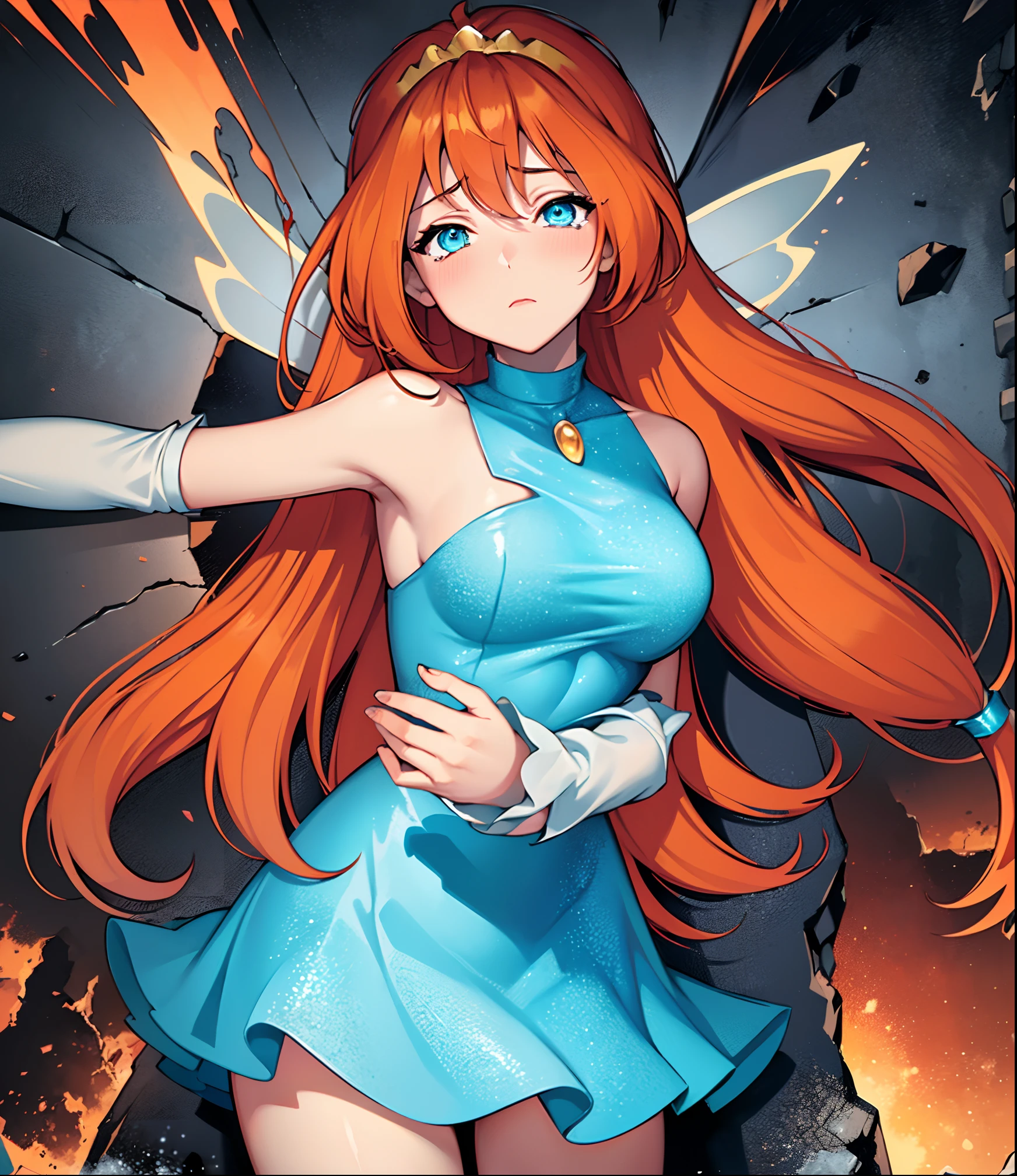 Bloom has passed out from a severe beating by a large troll monster, collapsing into a heap on the dark and jagged cave ground. The monster has caused large scratches on her body and tears in her clothes; Bloom lies helplessly torpid and inert unable to defend herself from the future assault. (Bloom) (orange hair, cyan blue eyes, closed eyes, bangs, long sliced hair, frail weak body, dainty arms, slender legs) (Fairy Outfit) (ripped blue croptop, well-endowed chest, sleeveless, mini blue skirt with tears, exposed midriff, sparkling clothing, wings, tiara), good hands, perfect hands:1, (Bloom torpid and defeated in a large crack:1.3), (ripped off and messy long orange hair and bangs:1.2), (detailed scratched face and skin:1.1), (small scratches all over Bloom's skin:1.1), (dark monochrome lightning, brown & gray cave floor, red stains, spikes everywhere:1.2), (Bloom is lieing on her back, crumpled and torpid in large crack in cave floor:1.5), (anime style: 1.1), (full-body-shot:1), (Cowboy-shot:1.2), (Close-up on Bloom:1), dynamic crumpled & torpid pose:1.3, (solo, one person, 1girl:1.5),