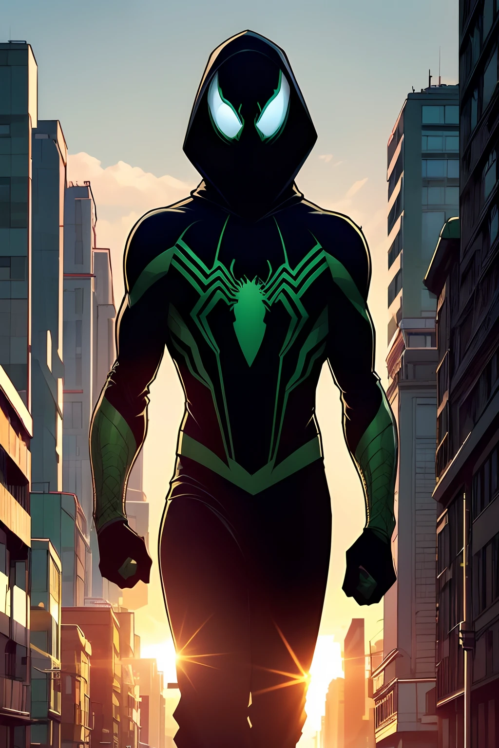 (melhor qualidade,Altas,ultra-detalhado,Realistic), Vincent vestindo seu traje de Homem-Aranha, The suit is dark with green accents, tem um capuz, And inside the hood it's green with webs, He's in a building, Olhando para a cidade, (cores vibrantes,foco nítido), Cityscape, ambiente urbano, tall skyscrapers, ruas movimentadas, (dynamic lighting,dramatic light and shadow), luz solar projetando sombras longas, (fotografia,artistas conceituais) Estilo.