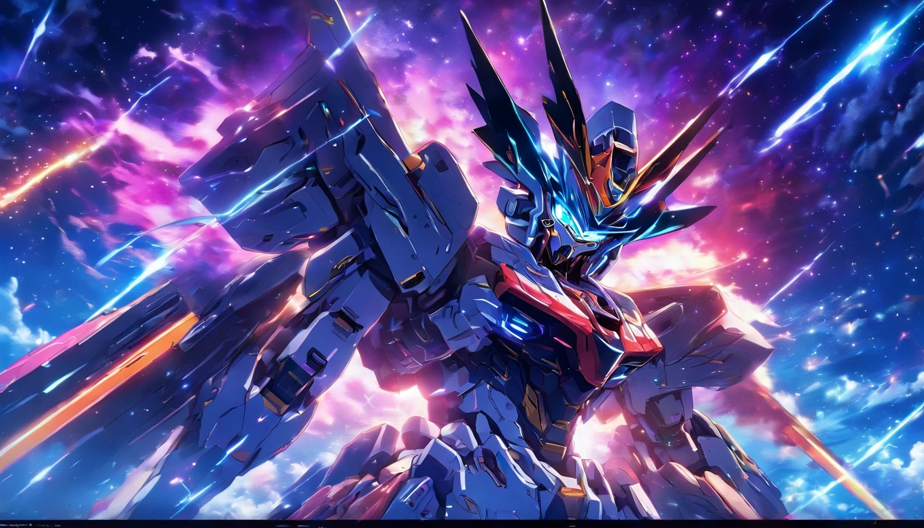 (High detail, Vibrant color), (Best quality, 4K, a high-resolution), a mecha warrior from the future sprints under the starry sky, leaving a vibrant trail in the starry night scene The symbolic significance of infinite energy and infinite potential Energy movement and dynamic composition, dreamy atmosphere, dazzling effects, and glowing light stripes The dramatic contrast between strong emotions and a frenzied sprint, the dark sky, and vivid light trajectories Cinematic, epic shots