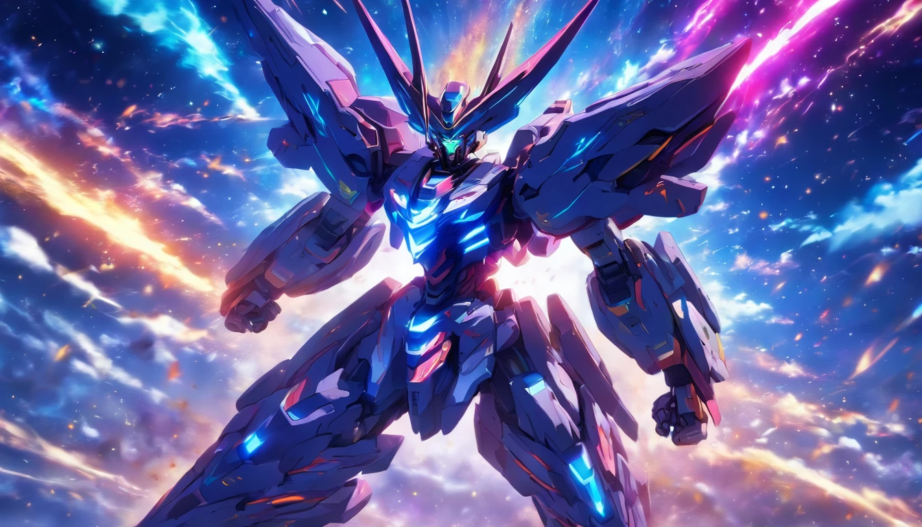 (High detail, Vibrant color), (Best quality, 4K, a high-resolution), a mecha warrior from the future sprints under the starry sky, leaving a vibrant trail in the starry night scene The symbolic significance of infinite energy and infinite potential Energy movement and dynamic composition, dreamy atmosphere, dazzling effects, and glowing light stripes The dramatic contrast between strong emotions and a frenzied sprint, the dark sky, and vivid light trajectories Cinematic, epic shots