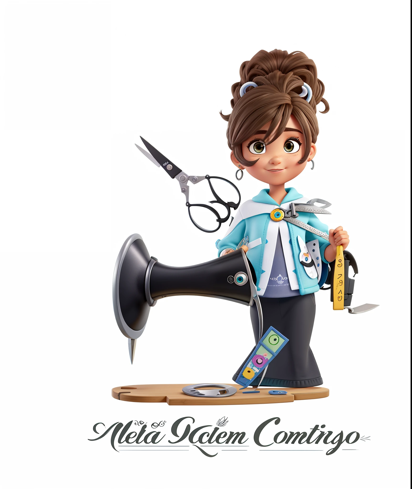Uma mulher de olhos fechados de cilios e cabelos negros, sentada em cima de uma maquina de costura,Holding a pair of scissors in your hand, estilo Disney Pixar, alta qualidade, melhor qualidade.
