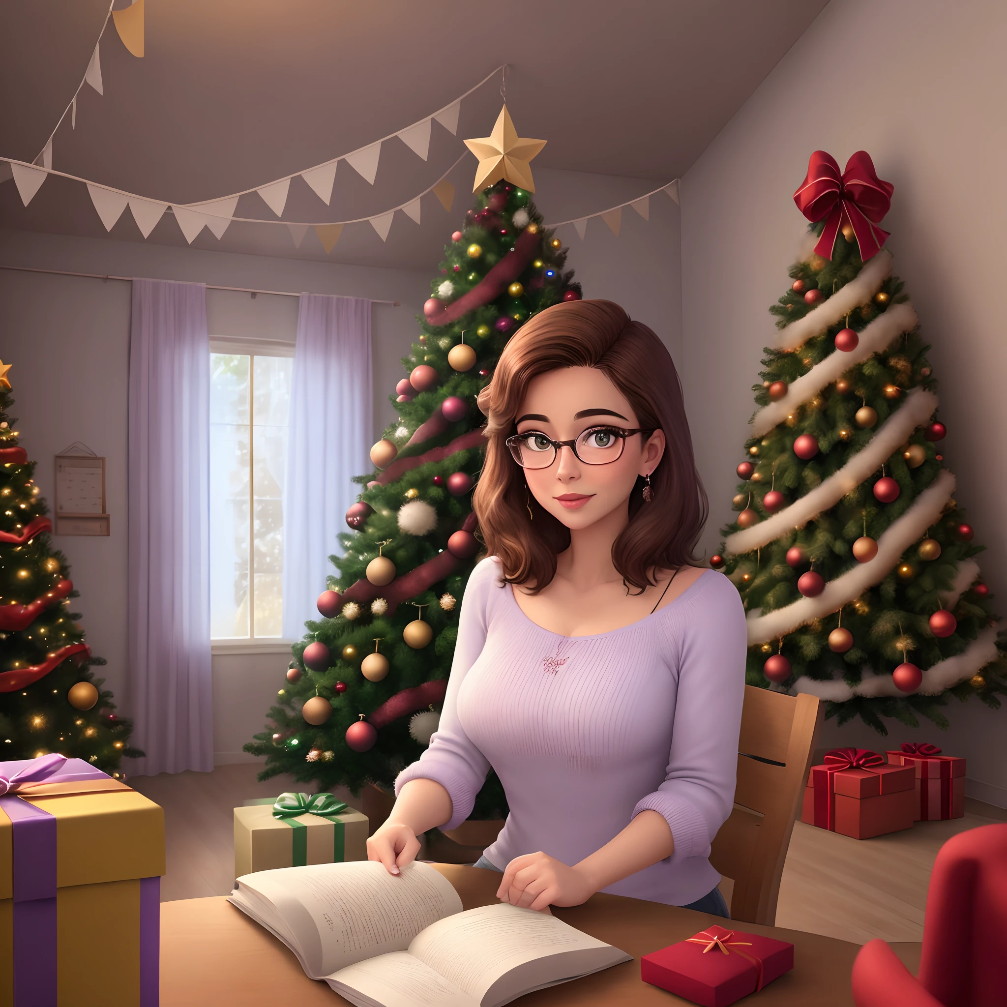 a Disney Pixar-style image or poster: mulher de pele clara, brown eyes wearing glasses, cabelo longo castanho liso, Reading Various Books. scenecy: Lilac Color Chart, na sala de estar, next to your bookshelf, Decorated house for Christmas celebration, With tree and gifts