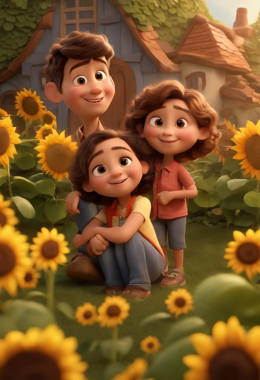Create a Disney PIXAR-style 3D poster. ((centro da imagem, Triplets)), ((3 )) ((1 menino no meio e 2 meninas ao lado, They're hugging each other, O menino tem pele castanha e cabelos castanhos escuros e olhos castanhos escuros, 1 menina tem pele clara, olhos e cabelos escuros e cacheados, e a outra menina tem pele morena, olhos escuros e cabelos escuros e lisos)) ((tudo isso no estilo Disney PIXAR 3D, In the background, A house of sunflowers, Gloria Studio, The garden is full of nature 3D render RTX clay material, estilo de design cartunesco, POP Mart, soft lighting, linhas suaves, Spring tilt, Detailed illustrations of PIXAR 3D, Detalhes hiper-realistas, cor quente no estilo Disney PIXAR 3D))
