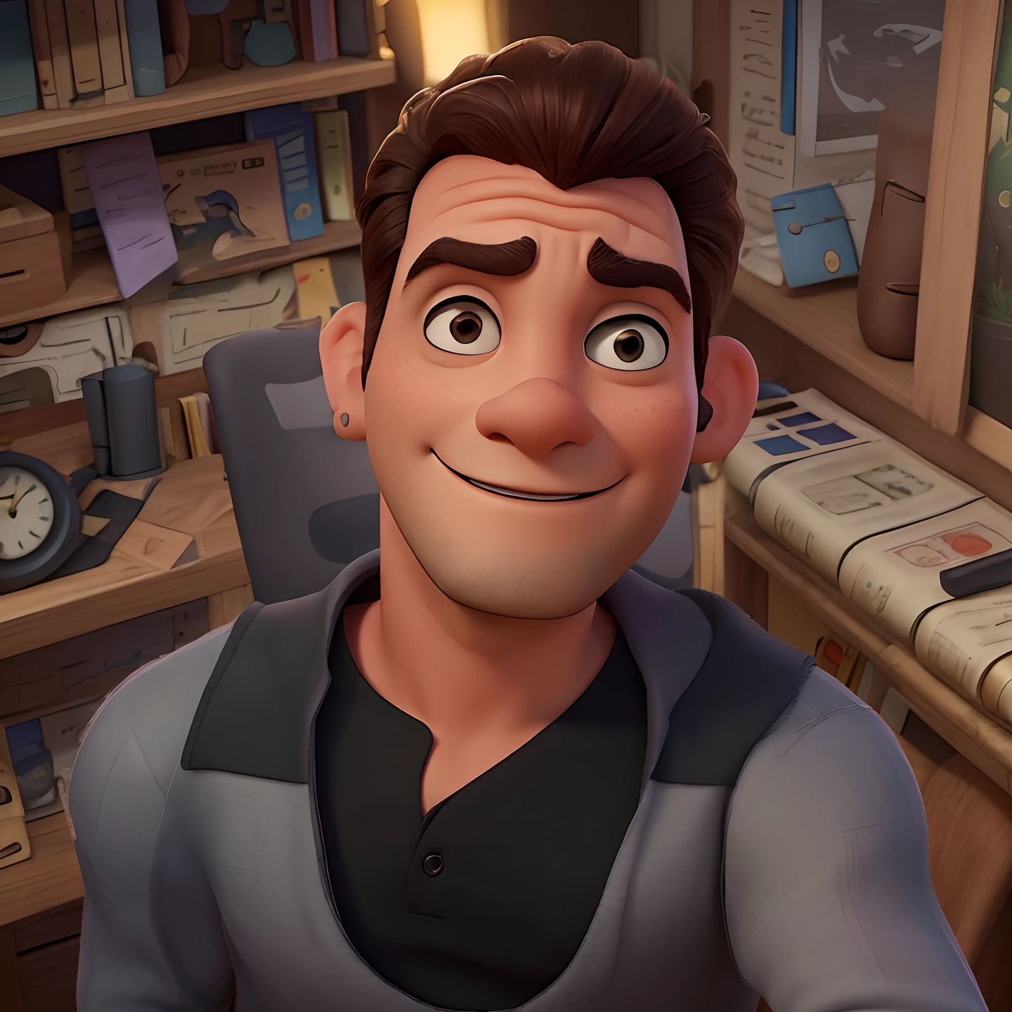 a Disney pixar-inspired movie poster with the title ("O arquiteto do futuro"). (O Arquiteto do futuro. An architect of the future in his office in black clothes, cabelo curto e encaracolado e uma verruga na bochecha esquerda, brown with a watch on his right arm) a cena deve estar no distinto estilo de arte digital da Pixar, with a focus on character expressions, Vibrant colors and detailed textures that are characteristic of animations, with the title (Bruno Arquiteto)