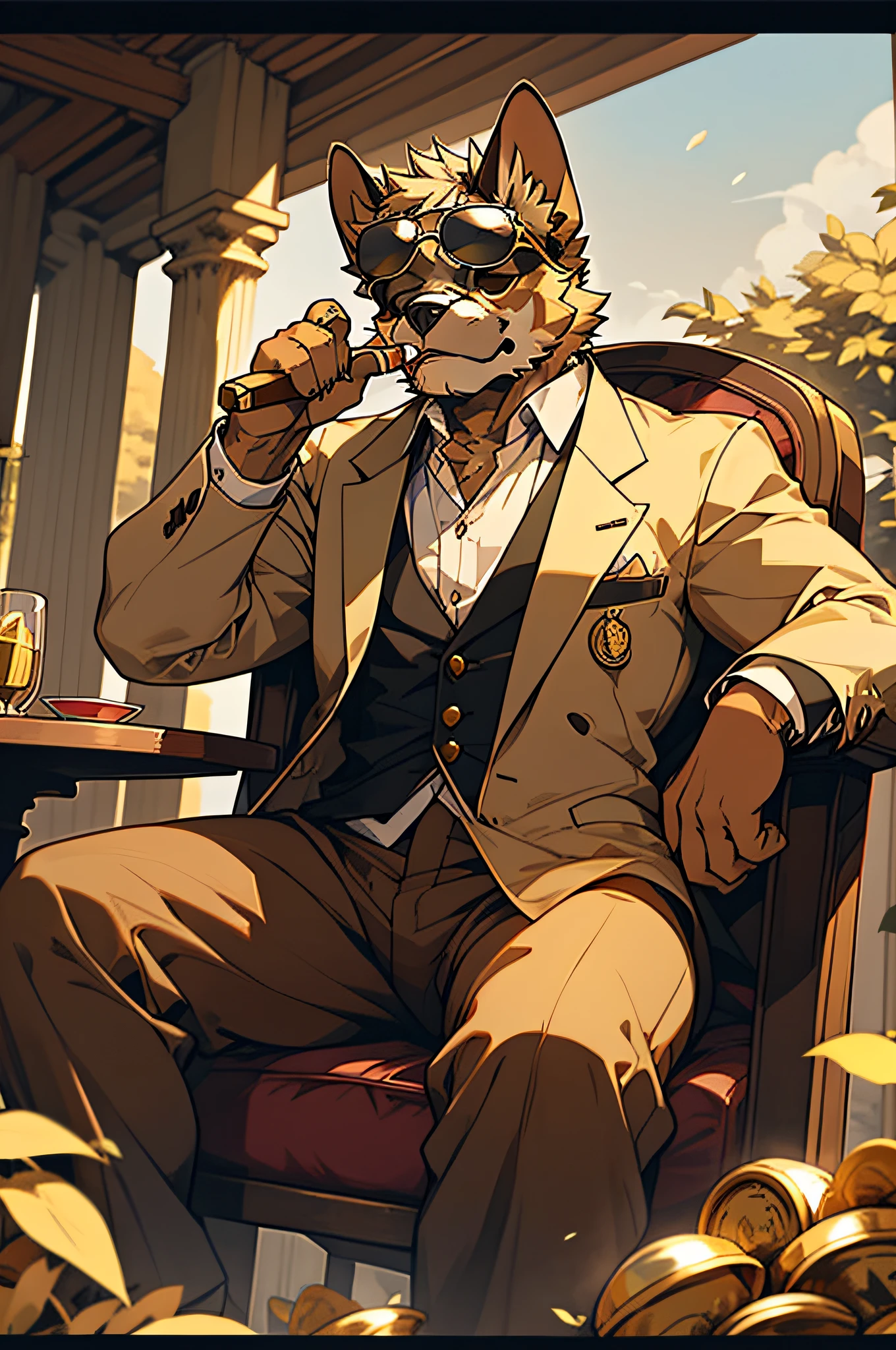 A cat animal wearing a black suit, tie, black long pants, and black heels