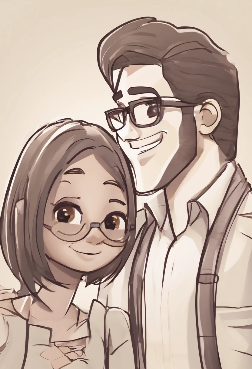 An illustration of an adorable couple, Highlight for a chubby mulatto man with glasses smiling and a brunette woman with beautiful expressive eyes - the man's skin is mulatto and the man's hair haswhile the woman's skin is black and the woman's hair is straight and brown. They are a bright room, cada um com um sorriso no rosto, e compartilhar um momento especial caracterizado pelo amor, Insights. Illustrate this scene from a perspective where they are facing the camera, Smiling and Showing Your Connection. Desenvolva esta arte em Full HD, Focus on your cinematic touch, Estilo Disney Pixar Animations