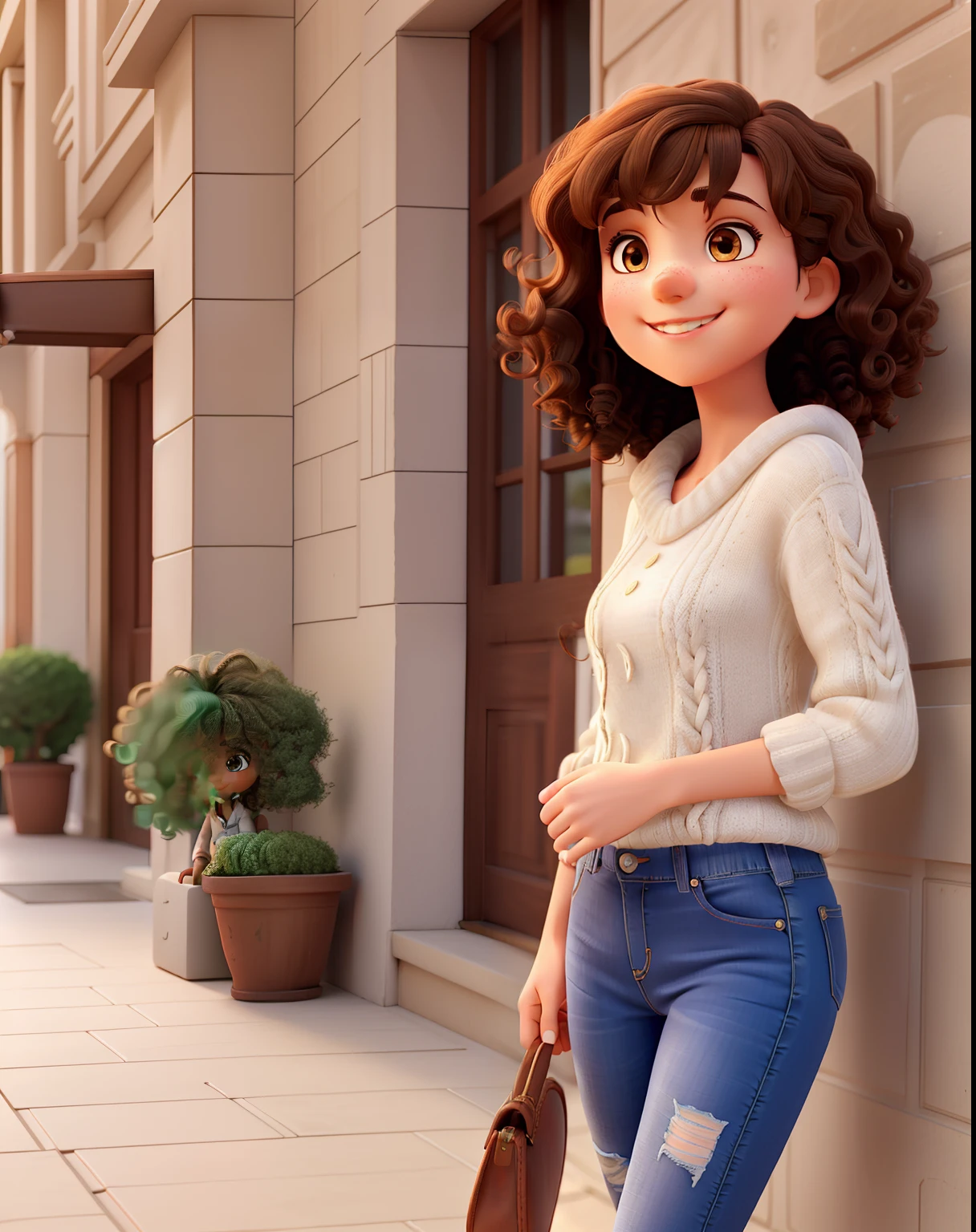 A beautiful girl with medium curly hair with bangs and dark brown, Dark eyes in jeans and white knitting smiling
