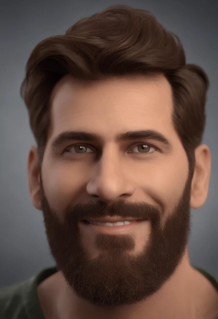 Image of a man for a story in a YouTube video in Pixar format, He's the almost-bald, Has a medium beard, dentes brancos e sorriso sedutor. He is 40 years old but he shows a very young spirit and at the same time he is a very serious and responsible man