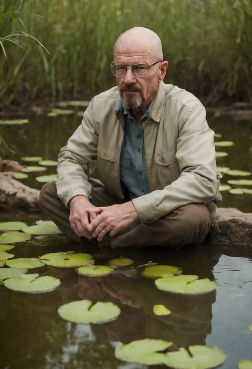 Walter white, in a pond with lots of frogs, he is sipping lean, which a lily pad on top of his head