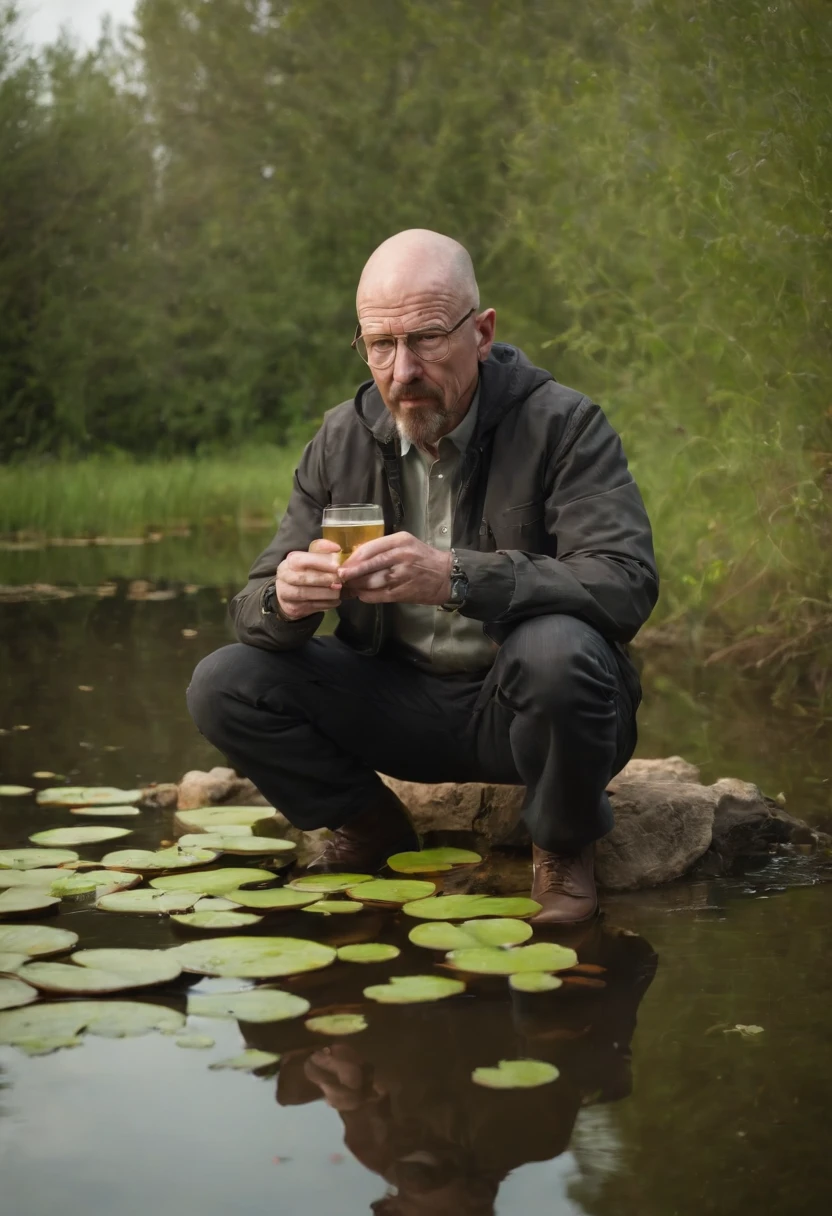 Walter white, in a pond with lots of frogs, he is sipping lean, which a lily pad on top of his head
