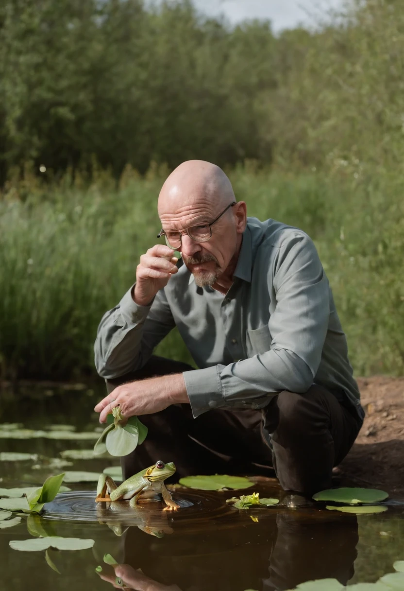 Walter white, in a pond with lots of frogs, he is sipping lean, which a lily pad on top of his head