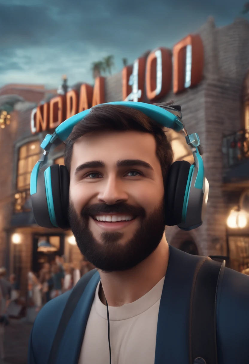 um homem, em breve, barba curta, olhos castanhos, com fones de ouvido, A music studio in the background, Imagem no estilo Pixar, Estilo de filme animado 3D, Disney, camiseta preta
