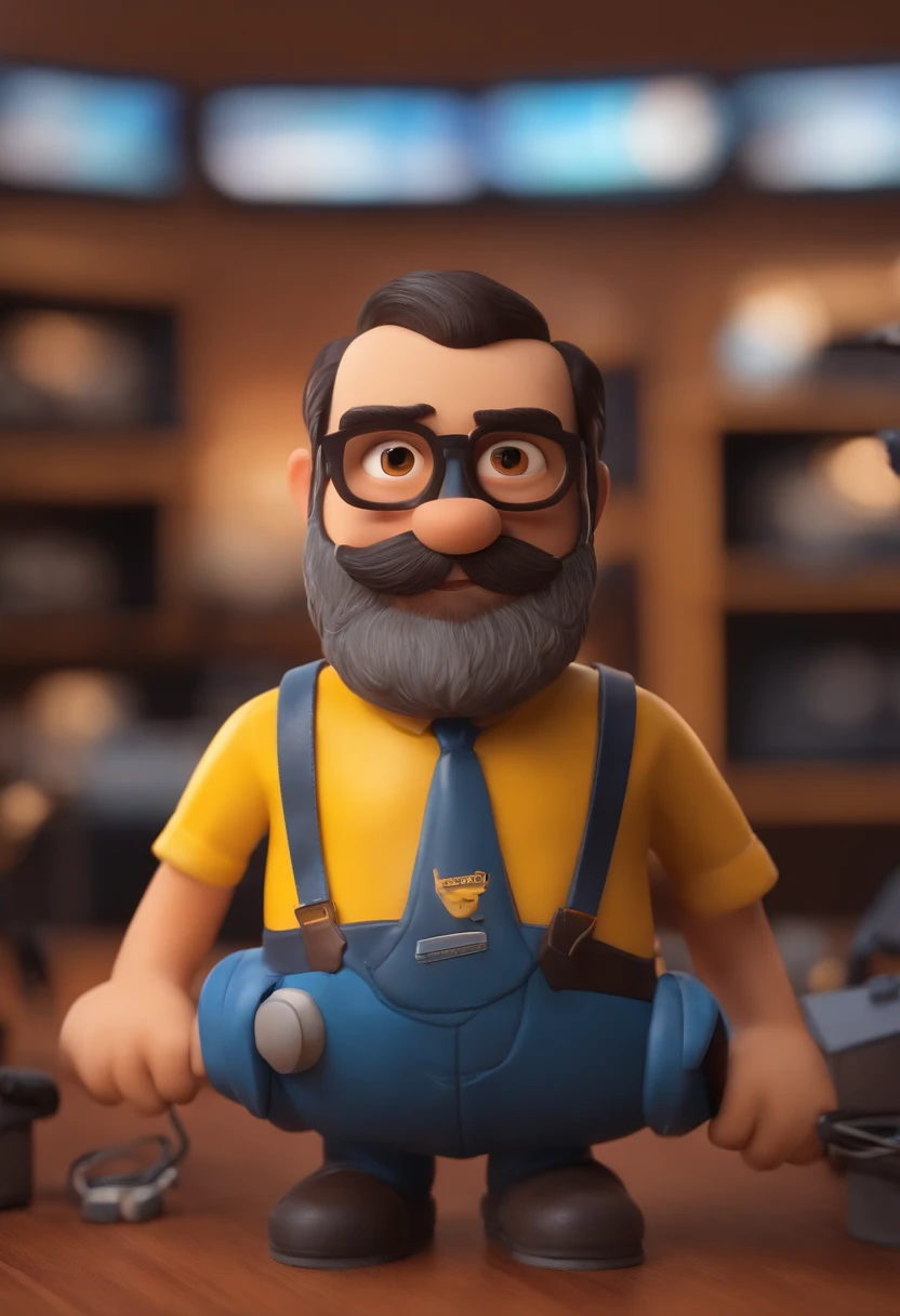 um homem, em breve, barba curta, olhos castanhos, com fones de ouvido, A music studio in the background, Imagem no estilo Pixar, Estilo de filme animado 3D, Disney, camiseta preta