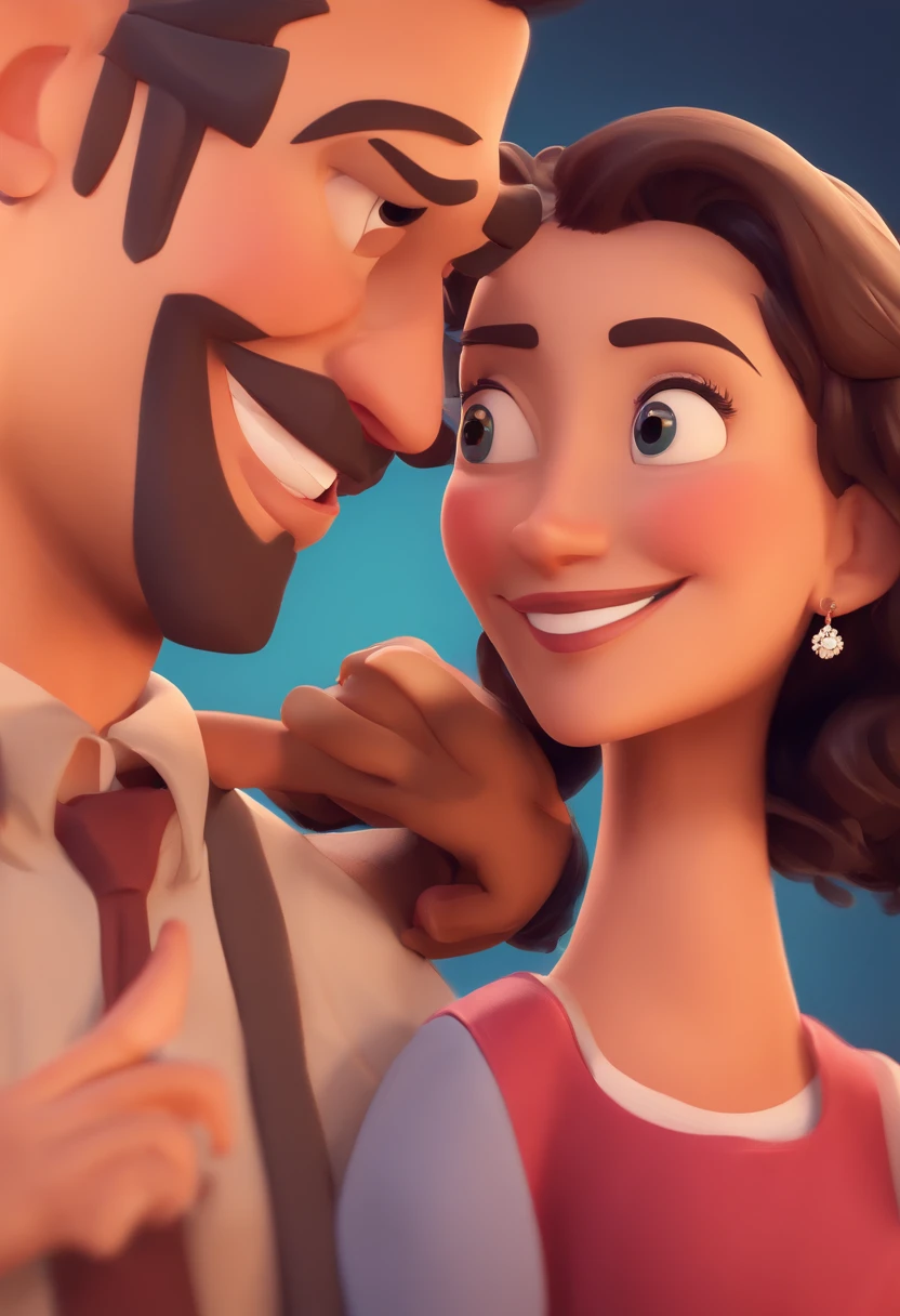 An illustration of an adorable couple, Spotlight on a smiling brunette man and a brunette woman with beautiful expressive eyes - the man's skin is brunette and the man's hair is black, topknot while the woman's skin is brown and the woman's hair is curly and long brown . They are a bright room, cada um com um sorriso no rosto, e compartilhar um momento especial caracterizado pelo amor, Insights. Illustrate this scene from a perspective where they are facing the camera, Smiling and Showing Your Connection. Desenvolva esta arte em Full HD, Focus on your cinematic touch, Estilo Disney Pixar Animations