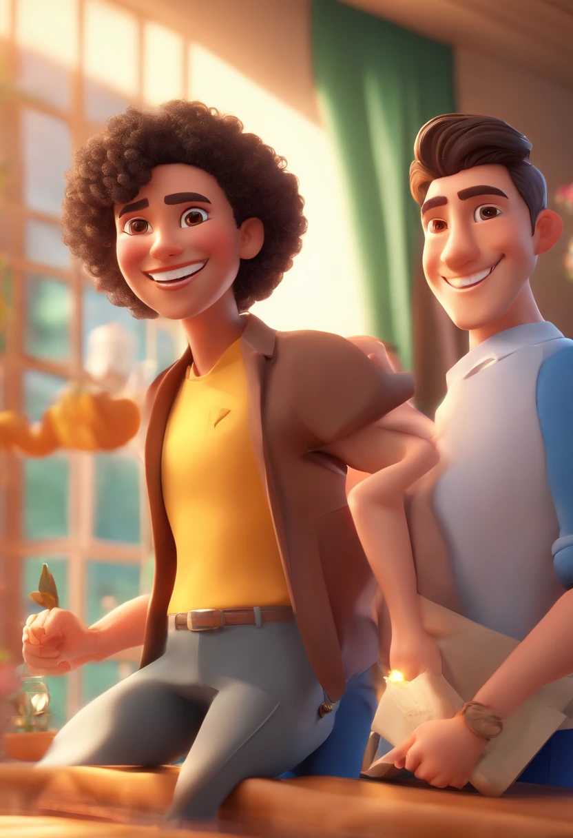 An illustration of an adorable couple, Spotlight on a smiling brunette man and a brunette woman with beautiful expressive eyes - the man's skin is brunette and the man's hair is black, topknot while the woman's skin is brown and the woman's hair is curly and long brown . They are a bright room, cada um com um sorriso no rosto, e compartilhar um momento especial caracterizado pelo amor, Insights. Illustrate this scene from a perspective where they are facing the camera, Smiling and Showing Your Connection. Desenvolva esta arte em Full HD, Focus on your cinematic touch, Estilo Disney Pixar Animations