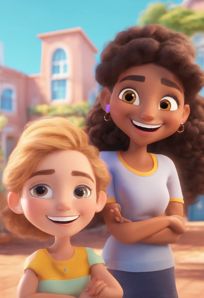 An illustration of an adorable couple, Spotlight on a smiling brunette man and a brunette woman with beautiful expressive eyes - the man's skin is brunette and the man's hair is black, topknot while the woman's skin is brown and the woman's hair is curly and long brown . They are a bright room, cada um com um sorriso no rosto, e compartilhar um momento especial caracterizado pelo amor, Insights. Illustrate this scene from a perspective where they are facing the camera, Smiling and Showing Your Connection. Desenvolva esta arte em Full HD, Focus on your cinematic touch, Estilo Disney Pixar Animations