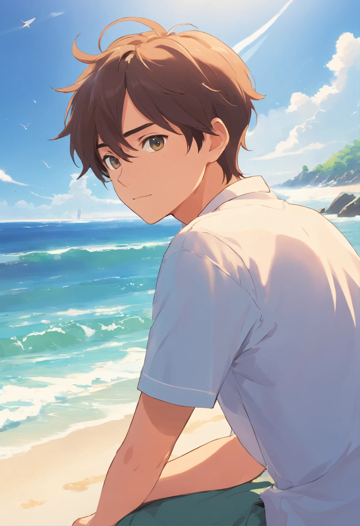 fullbody anime style young boy, athletic body, wearing a tight white really short swimsuit,  that got wet and transparent by water, at the beach