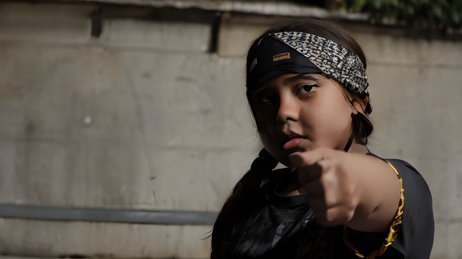 There's an 8--old l, pointing at the camera with a bandana on his head, posando pronto para uma luta, menacing pose, roupa de hip hop