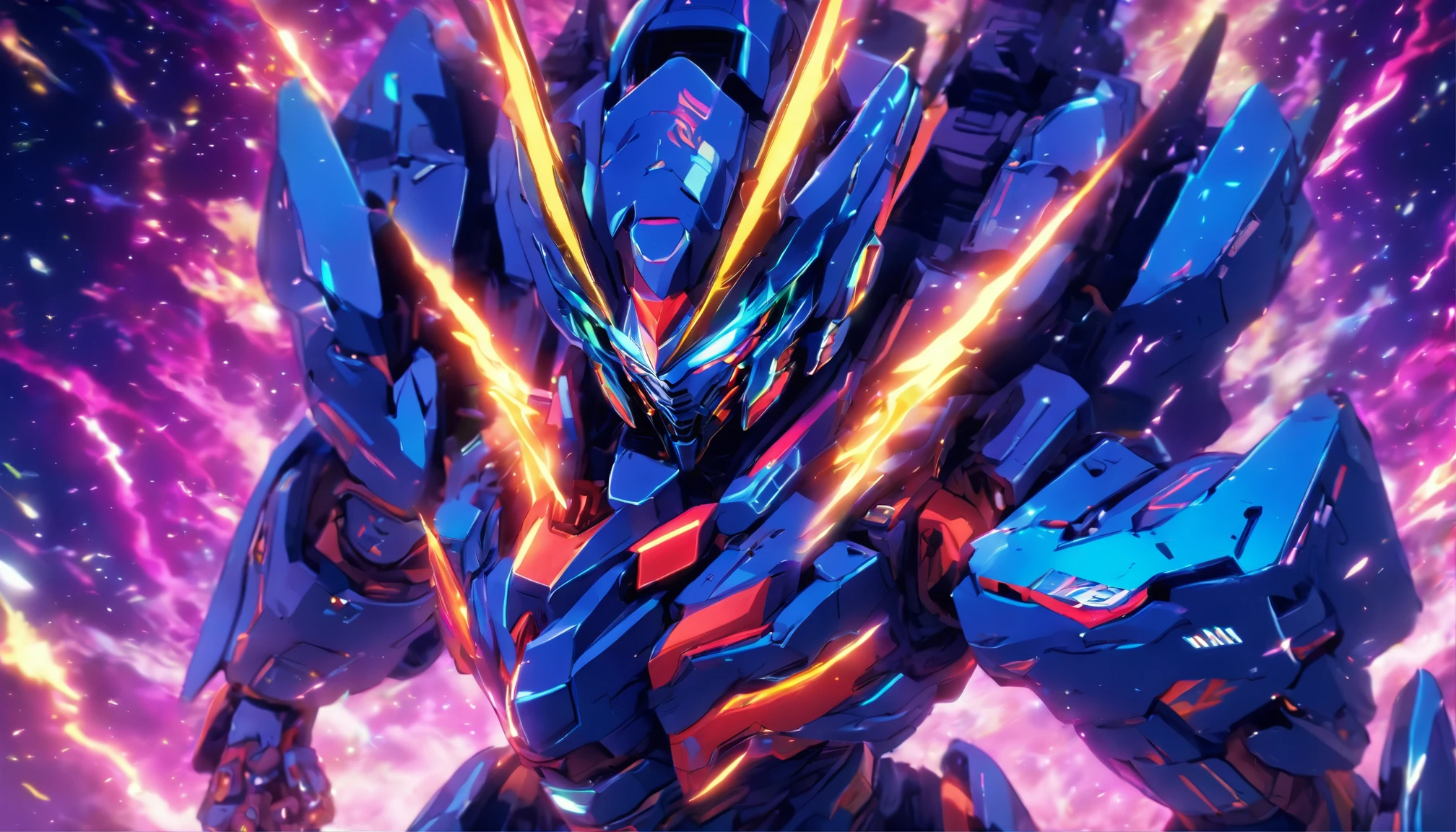 (High detail, Vibrant color), (Best quality, 4K, a high-resolution), a mecha warrior from the future sprints under the starry sky, leaving a vibrant trail in the starry night scene The symbolic significance of infinite energy and infinite potential Energy movement and dynamic composition, dreamy atmosphere, dazzling effects, and glowing light stripes The dramatic contrast between strong emotions and a frenzied sprint, the dark sky, and vivid light trajectories Cinematic, epic shots