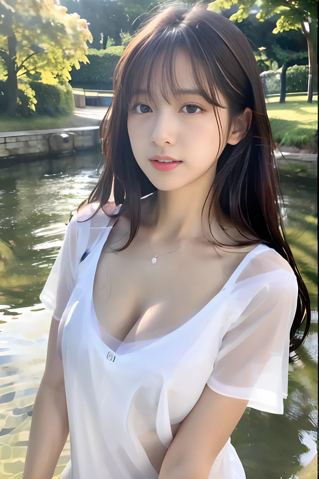 ((Best picture quality, 8K, tmasterpiece:1.3)), 1girll, Beautiful woman with slender abs:1.3, (Casual hairstyle, Leaky big breasts:1.2), see-through transparent clothes:1.4, Ultra-fine face, A detailed eye, 二重まぶた，ssmile，Pool