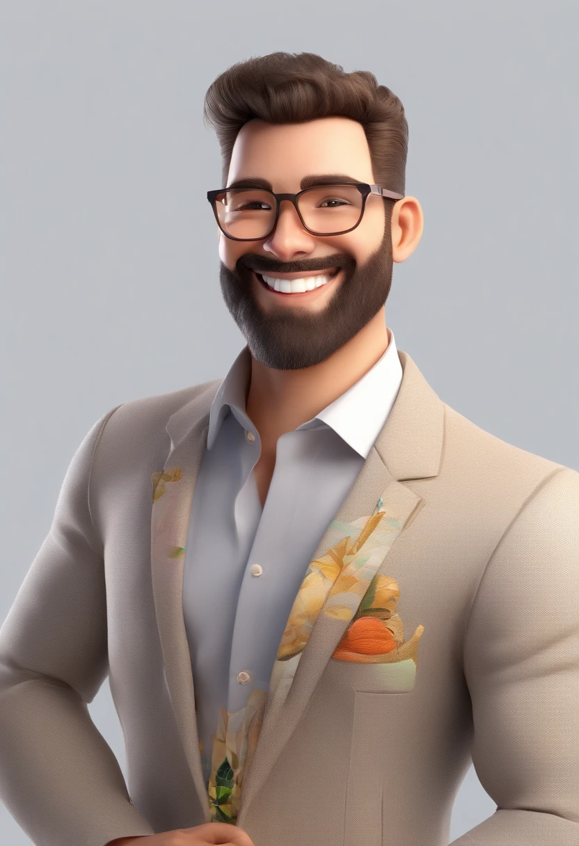 Illustration of a smiling man, Um sorriso doentio, Homem de pele parda，The smile is bright, happily smiling at the camera, sorriso atrevido, barba grisalha, queda de cabelo, thick glasses, he's smiling, sorriso muito grande, Macho sorridente, foto de perfil do avatar, Sorria com um sorriso brilhante, Desenhar em estilo de arte 3D, c4d, com um fundo branco puro, Estilo Disney, Pixar-style rendering illustrations in super detail, 8k