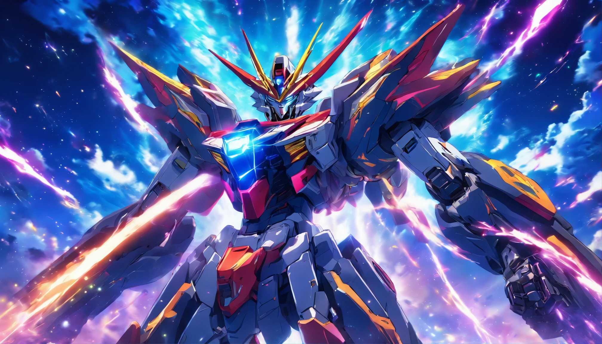 (High detail, Vibrant color), (Best quality, 4K, a high-resolution), a mecha warrior from the future sprints under the starry sky, leaving a vibrant trail in the starry night scene The symbolic significance of infinite energy and infinite potential Energy movement and dynamic composition, dreamy atmosphere, dazzling effects, and glowing light stripes The dramatic contrast between strong emotions and a frenzied sprint, the dark sky, and vivid light trajectories Cinematic, epic shots