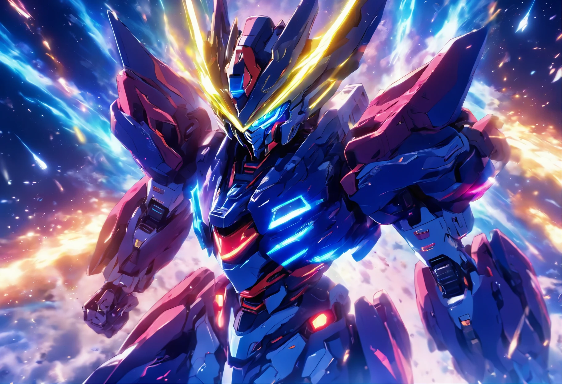 (High detail, Vibrant color), (Best quality, 4K, a high-resolution), a mecha warrior from the future sprints under the starry sky, leaving a vibrant trail in the starry night scene The symbolic significance of infinite energy and infinite potential Energy movement and dynamic composition, dreamy atmosphere, dazzling effects, and glowing light stripes The dramatic contrast between strong emotions and a frenzied sprint, the dark sky, and vivid light trajectories Cinematic, epic shots
