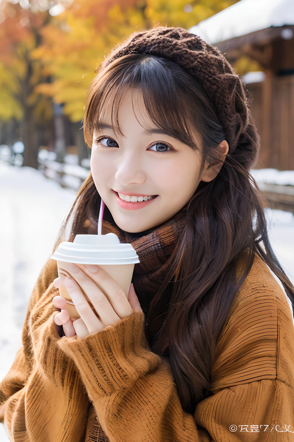 top-quality、masterpiece、(Photorealsitic:1.4)、1girl in、smile eyes、(ulzzang -6500-v1.1:1.0)、Brownish、Brown eyes、22year old、Beautuful Women、女優、Autumn clothes、Background snow、Item Coffee Tumbler
