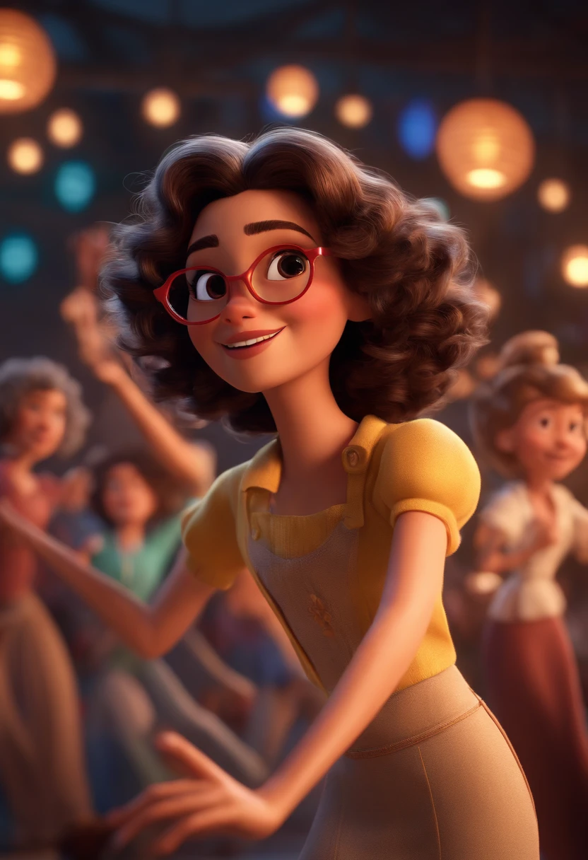 Pixar style image with 3D character white glasses brunette woman short curly hair dancing, Maquiagem Disney,Pescador, bonitinho, sorridente ,Close-up, Pixar, Disney, Cinema lighting,