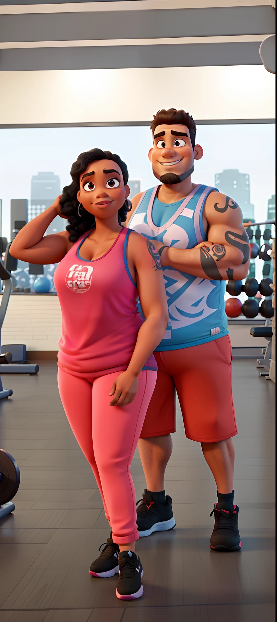 Couple at the gym, fat black woman, white man wearing goatee, tank top and tattoo, Disney pixar style, high quality, best quality