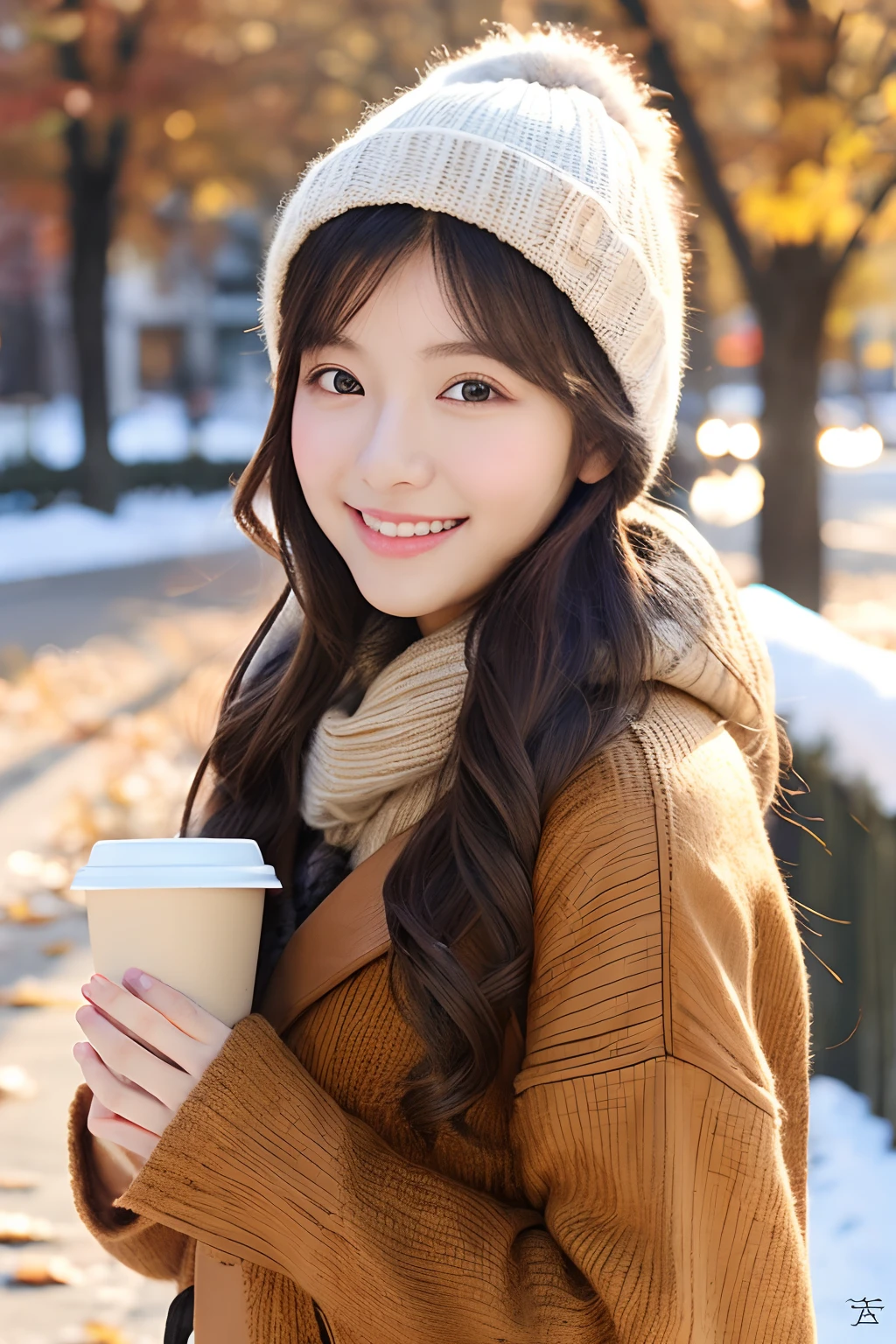top-quality、​masterpiece、(Photorealsitic:1.4)、1girl in、smile eyes、(ulzzang -6500-v1.1:1.0)、Brownish、Brown eyes、22year old、Beautuful Women、女優、Autumn clothes、Background snow、Item Coffee Tumbler