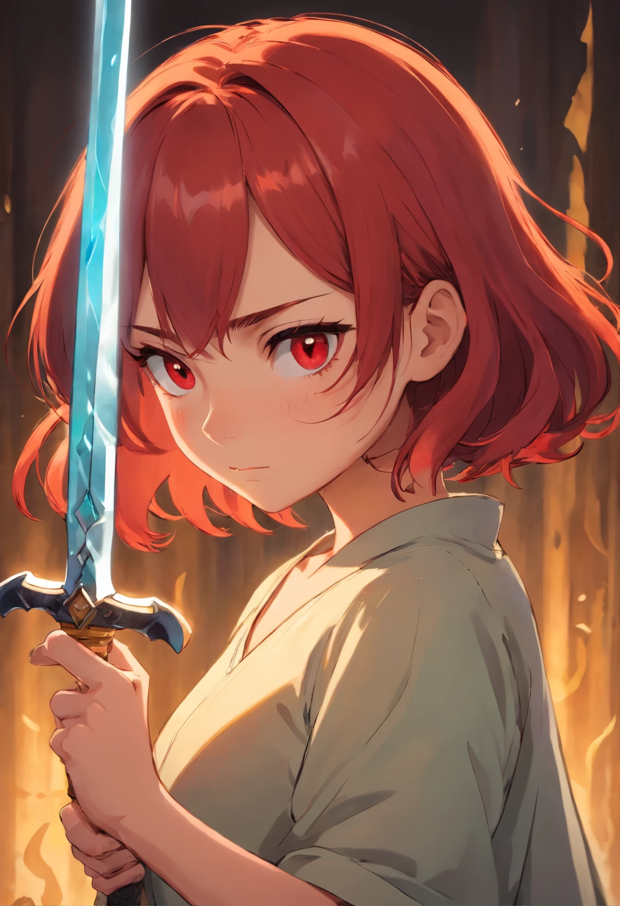 A girl with very short red hair, holding a dagger. Make it a bust and place the dagger somewhere close to her face. Give her rogue like clothing and a scar on her face. Make her mad and smaller eyes.