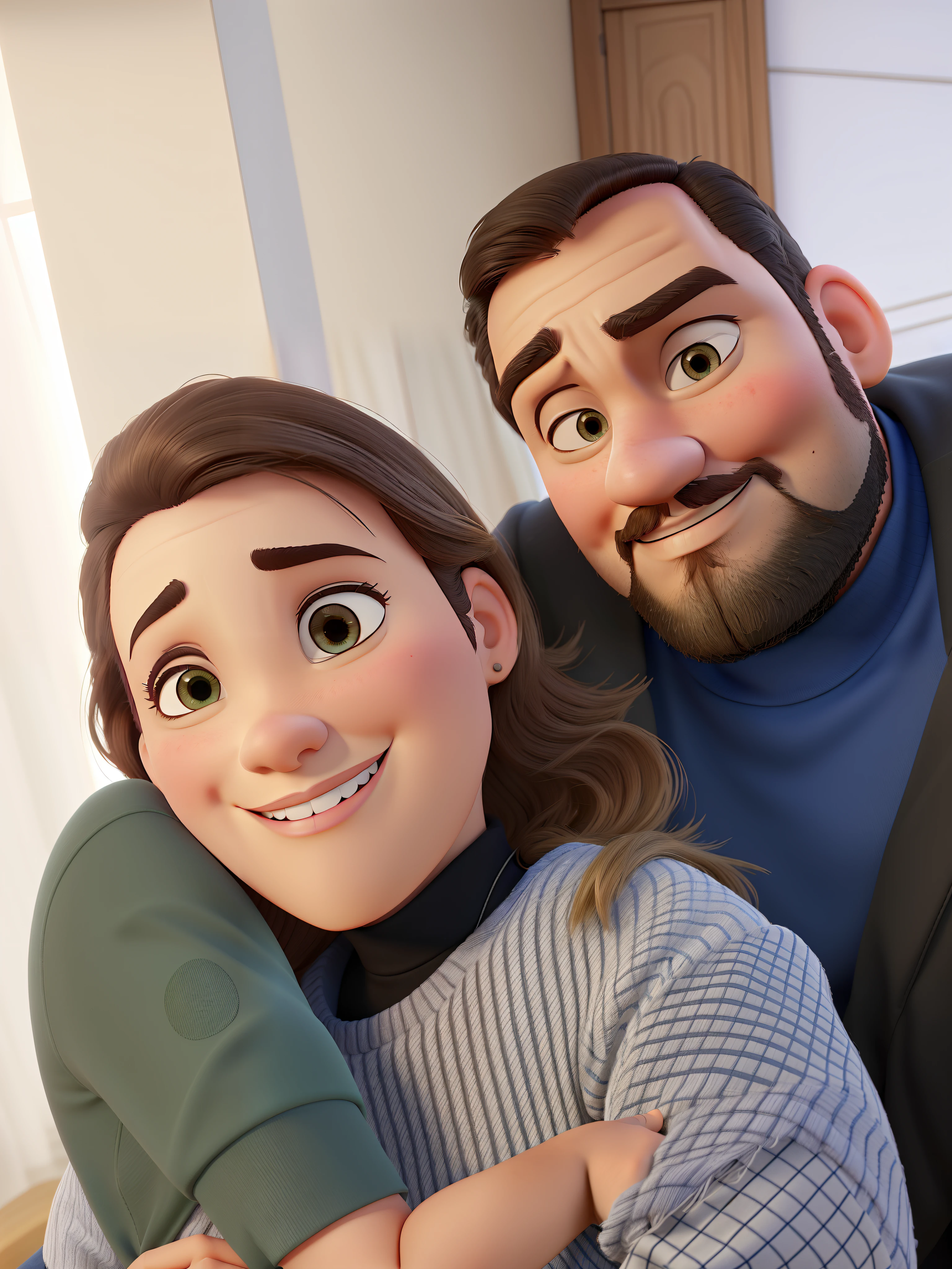 Casal estilo disney pixar melhor qualidade alta qualidade. Homem com pinta acima da sobrancelha direita moreno cabelo muito curto crespo barba e mulher loira olhos castanhos cabelos longos lisos