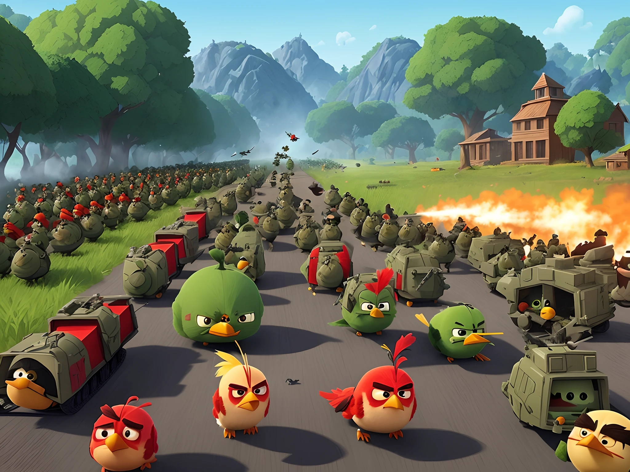 A picture of a angry birds army going into battle with a human leading them