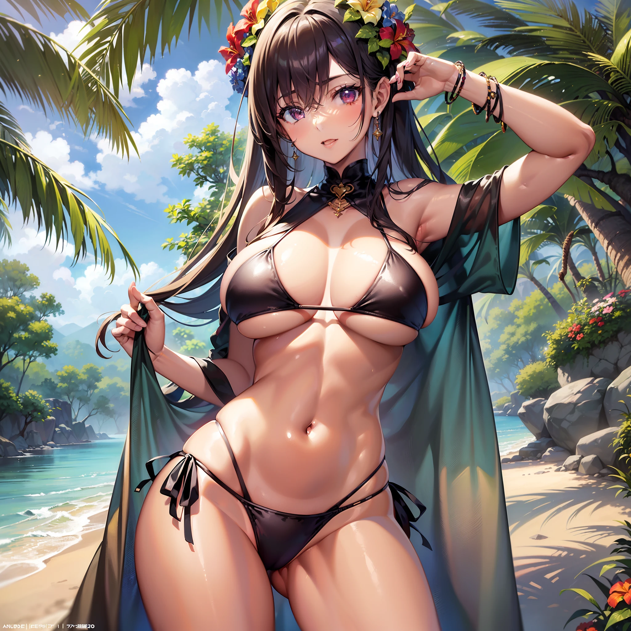 ((Finest quality)),(超A high resolution),(ultra-detailliert),((Best Anime)),The Art of Phenomenal Depictions, ((Woman in her early 20s)),((nudde,Bikini tan marks 1.7)),huge tit:1.7,slim belly,Seductive body lines,Tropical Flowers:1.4