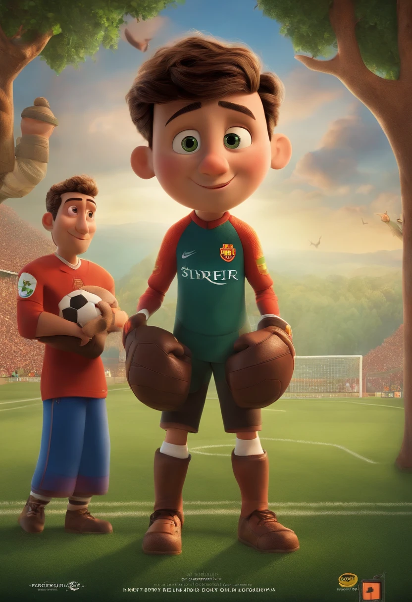 A goalkeeper looking at a dream project inspired by Pixar animation, de perto. The character takes center stage with captivating facial expressions, oferecendo um toque de irrealidade