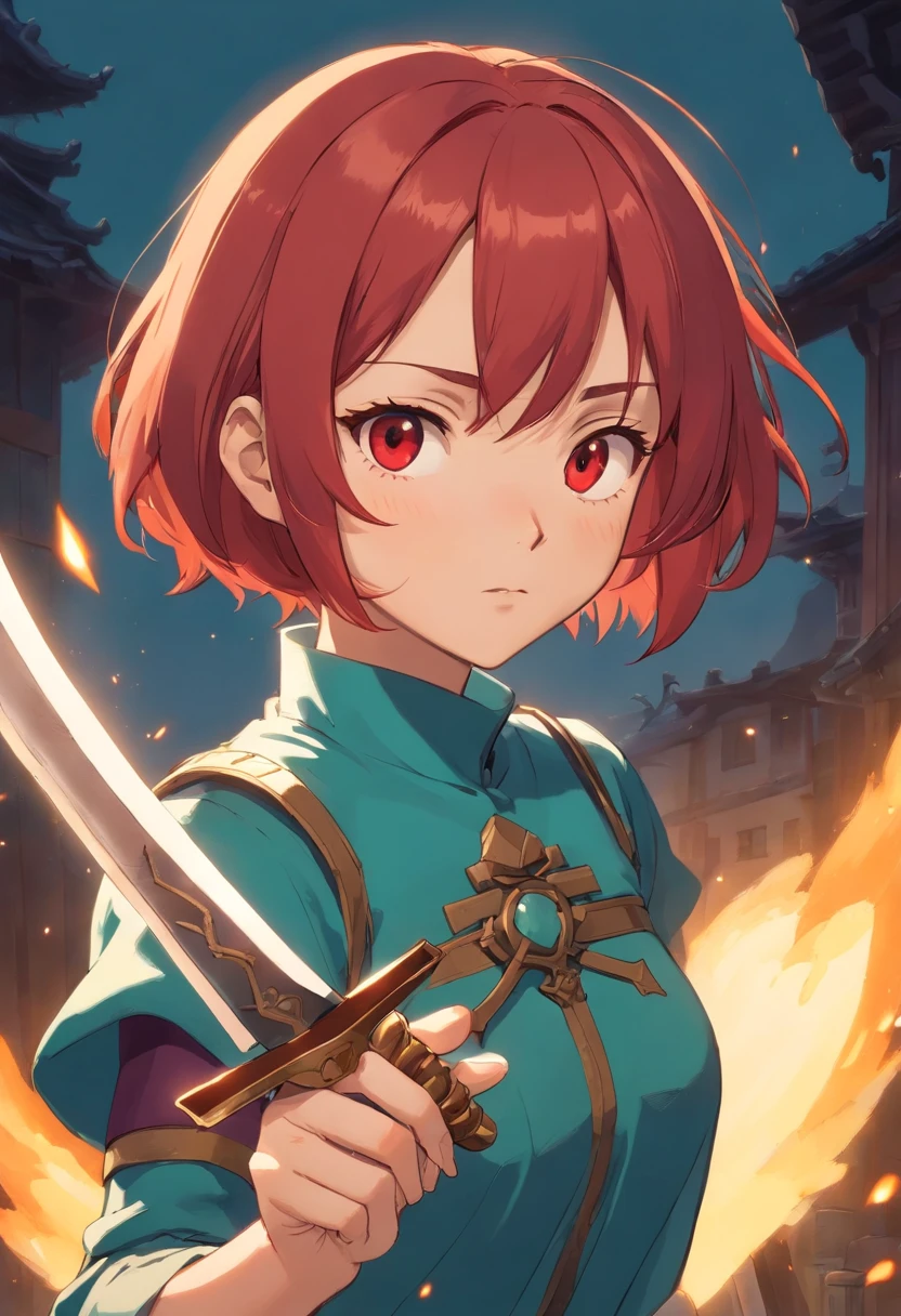 A girl with very short red hair, holding a dagger. Make it a bust and place the dagger somewhere close to her face. Give her rogue like clothing and a scar on her face. Make her mad and smaller eyes. Make her hair really really short, make her mad, and give her battle clothing.