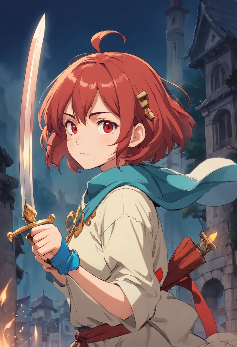 A girl with very short red hair, holding a dagger. Make it a bust and place the dagger somewhere close to her face. Give her rogue like clothing and a scar on her face. Make her mad and smaller eyes. Make her hair really really short, make her mad, and give her battle clothing.