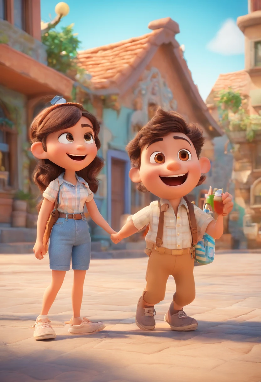 Cartoon of friends having fun on vacation together, 3D Animation Movie Poster, Poster de filme animado, pixar 3 d animation style, pixar renderman rendering, maia 8 mil, animated film, Disney Pixar Estilo 3D, amigos felizes saem juntos, all wearing light blue shirts and cream brown long pants, camisa azul clara, cream brown pants, ao ar livre, vacation, Disney Pixar Animation Poster