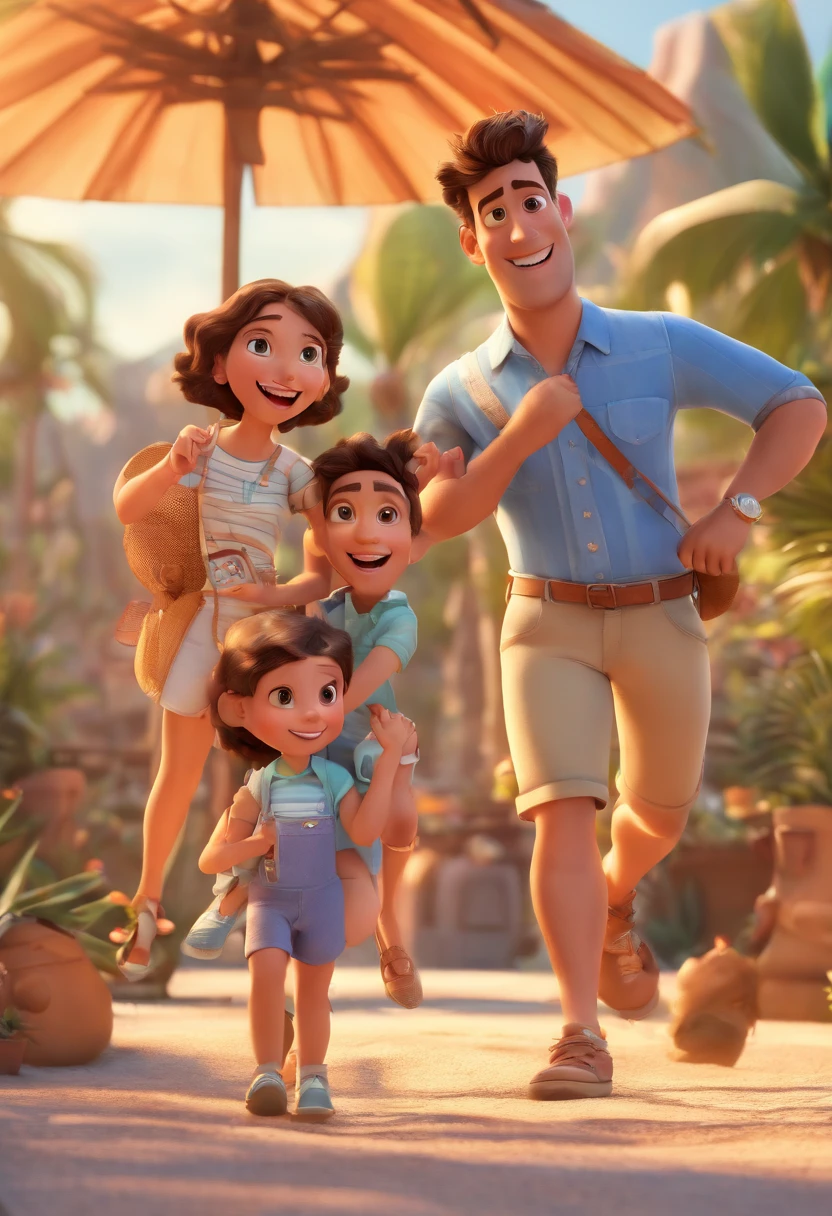 Cartoon of friends having fun on vacation together, 3D Animation Movie Poster, Poster de filme animado, pixar 3 d animation style, pixar renderman rendering, maia 8 mil, animated film, Disney Pixar Estilo 3D, amigos felizes saem juntos, all wearing light blue shirts and cream brown long pants, camisa azul clara, cream brown pants, ao ar livre, vacation, Disney Pixar Animation Poster