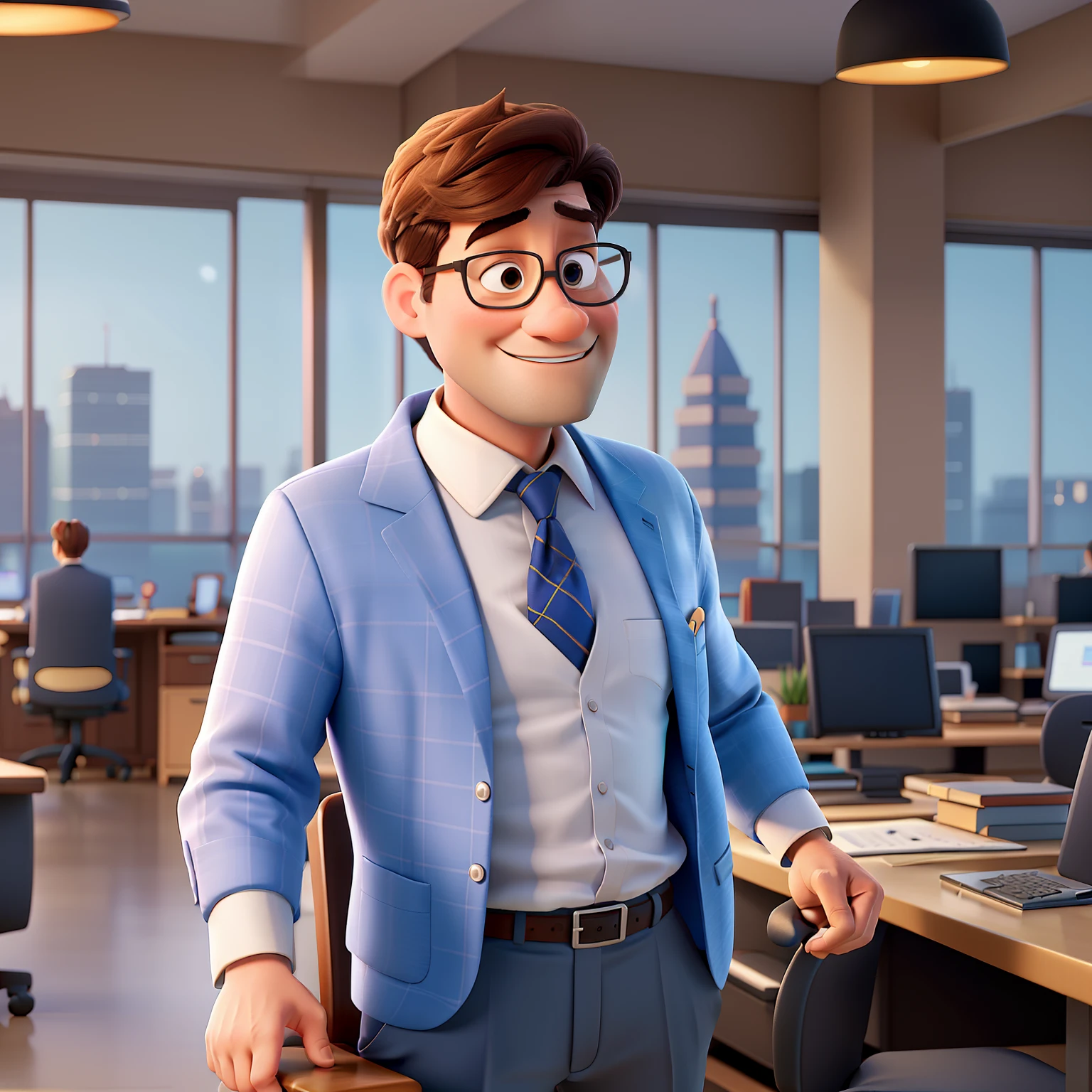 A businessman standing in his chair elegantly in Pixar style
